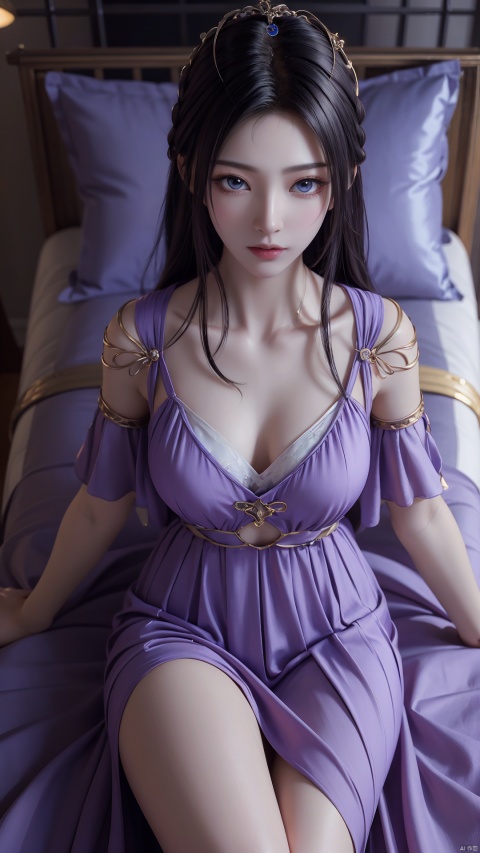  1girl, long hair, dress, looking at viewer, lying, perfect body, scenery, sharp focus, best quality, masterpiece, detailed outfit, illustration, perfect eyes, finely detailed beautiful anime eyes, realistic skin, intricate details, best lighting, depth of field, ultra high resolution, bed, from above