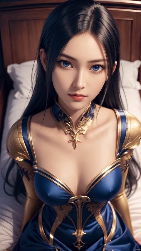  1girl, long hair, dress, looking at viewer, lying, perfect body, scenery, sharp focus, best quality, masterpiece, detailed outfit, illustration, perfect eyes, finely detailed beautiful anime eyes, realistic skin, intricate details, best lighting, depth of field, ultra high resolution, bed, from above