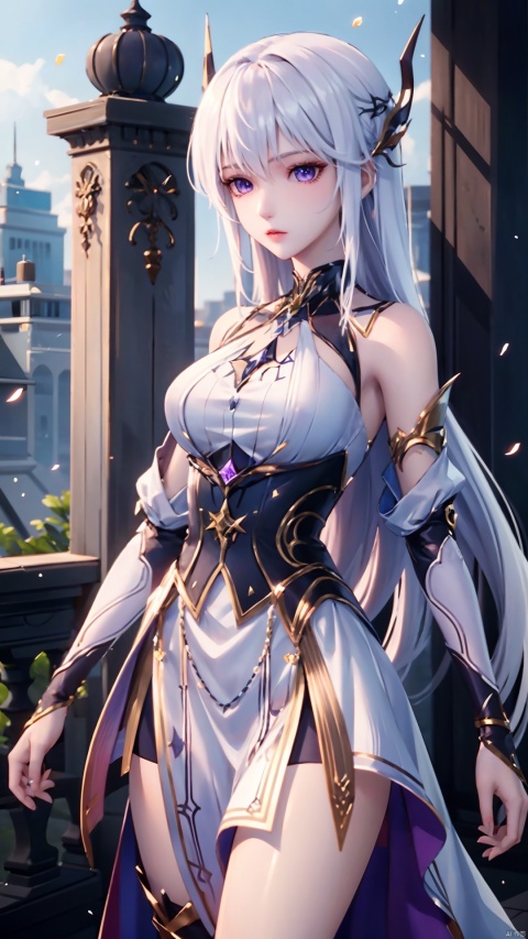 1girl, long hair, solo, purple eyes, white hair, white dress, standing, looking at viewer, perfect body, scenery, sharp focus, best quality, masterpiece, detailed outfit, illustration, perfect eyes, finely detailed beautiful anime eyes, realistic skin, intricate details, best lighting, depth of field, ultra high resolution,cowboy_shot, dynamic pose, dynamic angle,