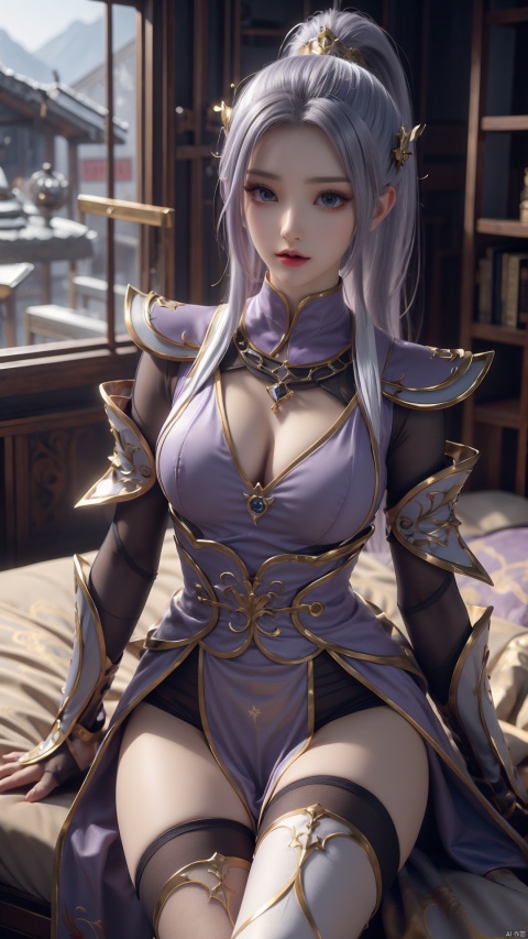  1girl, light purple hair, black thighhighs, ponytail, gloves, blue eyes, long hair, breasts, armor, hair ornament, black gloves, looking at viewer, lying, perfect body, scenery, sharp focus, best quality, masterpiece, detailed outfit, illustration, perfect eyes, finely detailed beautiful anime eyes, realistic skin, intricate details, best lighting, depth of field, ultra high resolution, bed, from above