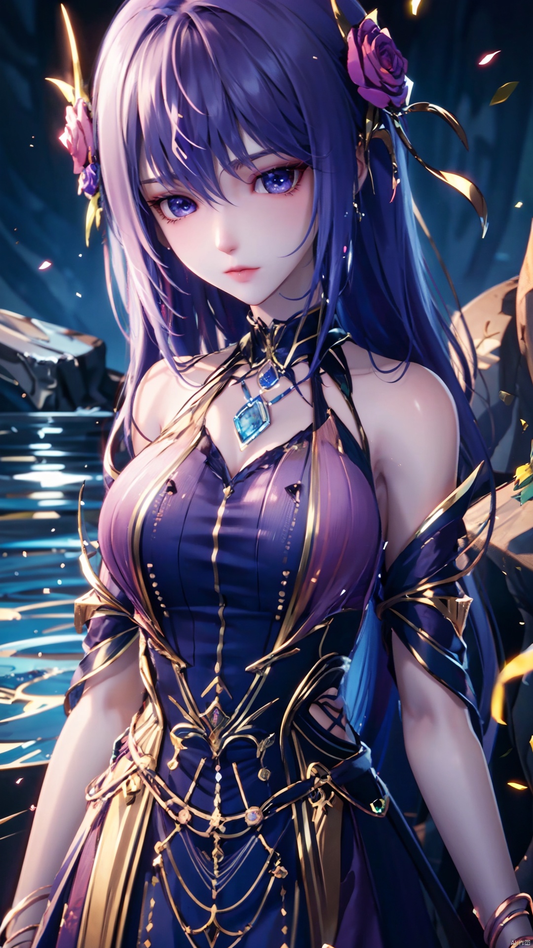 1girl, blue hair, solo, hair ornament, blue eyes, bare shoulders, jewelry, long hair, necklace, strapless skirt, flower, hair flower, perfect body, scenery, sharp focus, best quality, masterpiece, detailed outfit, illustration, perfect eyes, finely detailed beautiful anime eyes, realistic skin, intricate details, best lighting, depth of field, ultra high resolution,cowboy_shot, dynamic pose, dynamic angle,