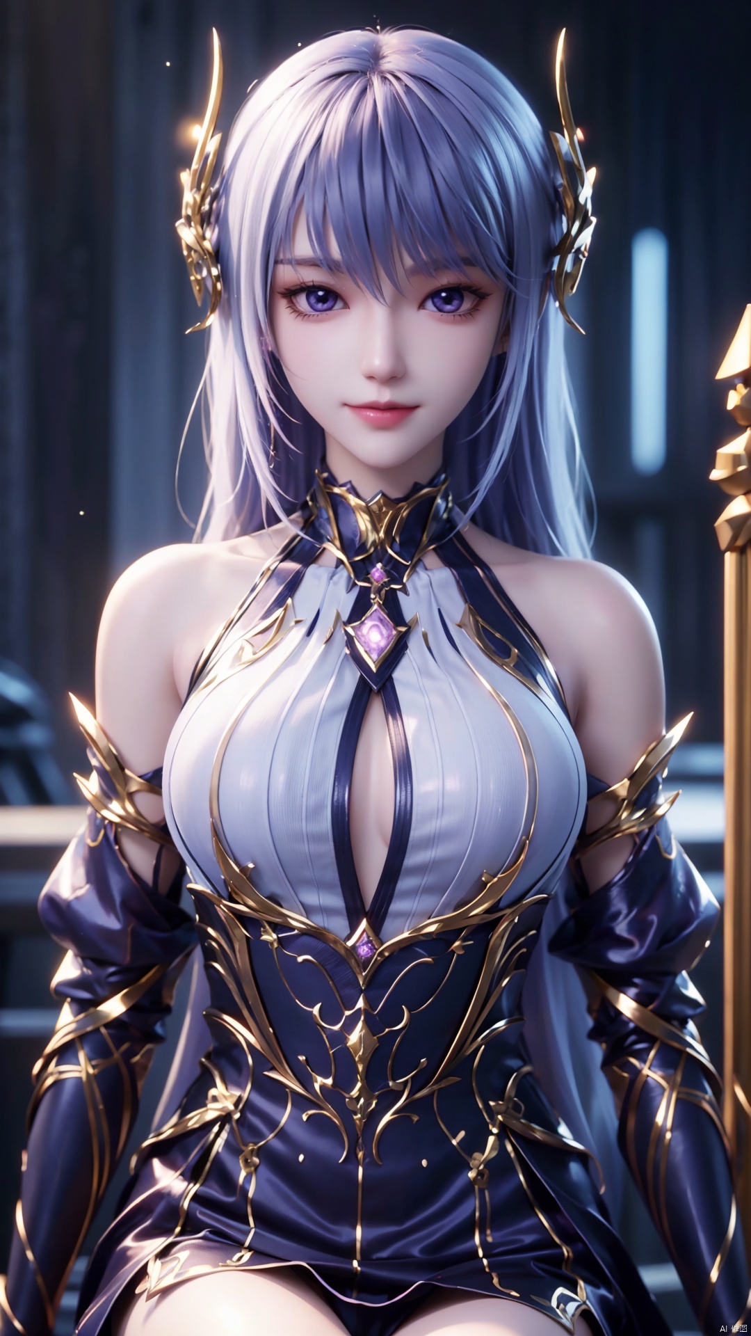 1girl, solo, long hair, white hair, white dress, purple eyes, realistic, mischevious smile, perfect body, scenery, sharp focus, best quality, masterpiece, detailed outfit, illustration, perfect eyes, finely detailed beautiful anime eyes, realistic skin, intricate details, best lighting, depth of field, ultra high resolution, sitting, dynamic pose, dynamic angle,