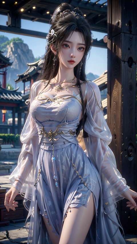  masterpiece,best quality,1girl, dress, black hair, long hair, solo, facial mark, white dress, jewelry, forehead mark, hair ornament, earrings, necklace, chinese clothes, hair bun, cowboy shot, dynamic pose, dynamic angle