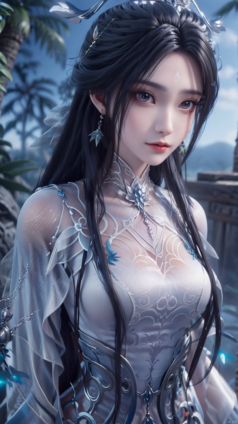 1girl, black hair, long hair, dress, solo, white dress, hair ornament, chinese clothes, facial mark, hair bun, forehead mark, earrings, mischevious smile, perfect body, scenery, sharp focus, best quality, masterpiece, detailed outfit, illustration, perfect eyes, finely detailed beautiful anime eyes, realistic skin, intricate details, best lighting, depth of field, ultra high resolution,cowboy_shot, dynamic pose, dynamic angle,