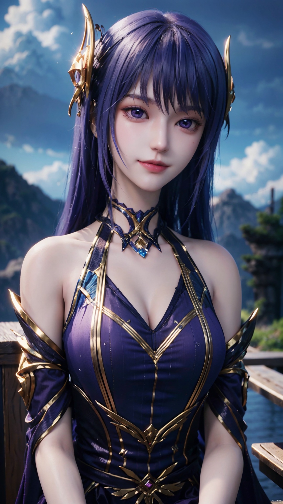 1girl, solo, long hair, blue hair, dress, purple eyes, realistic, mischevious smile, perfect body, scenery, sharp focus, best quality, masterpiece, detailed outfit, illustration, perfect eyes, finely detailed beautiful anime eyes, realistic skin, intricate details, best lighting, depth of field, ultra high resolution, sitting, dynamic pose, dynamic angle,