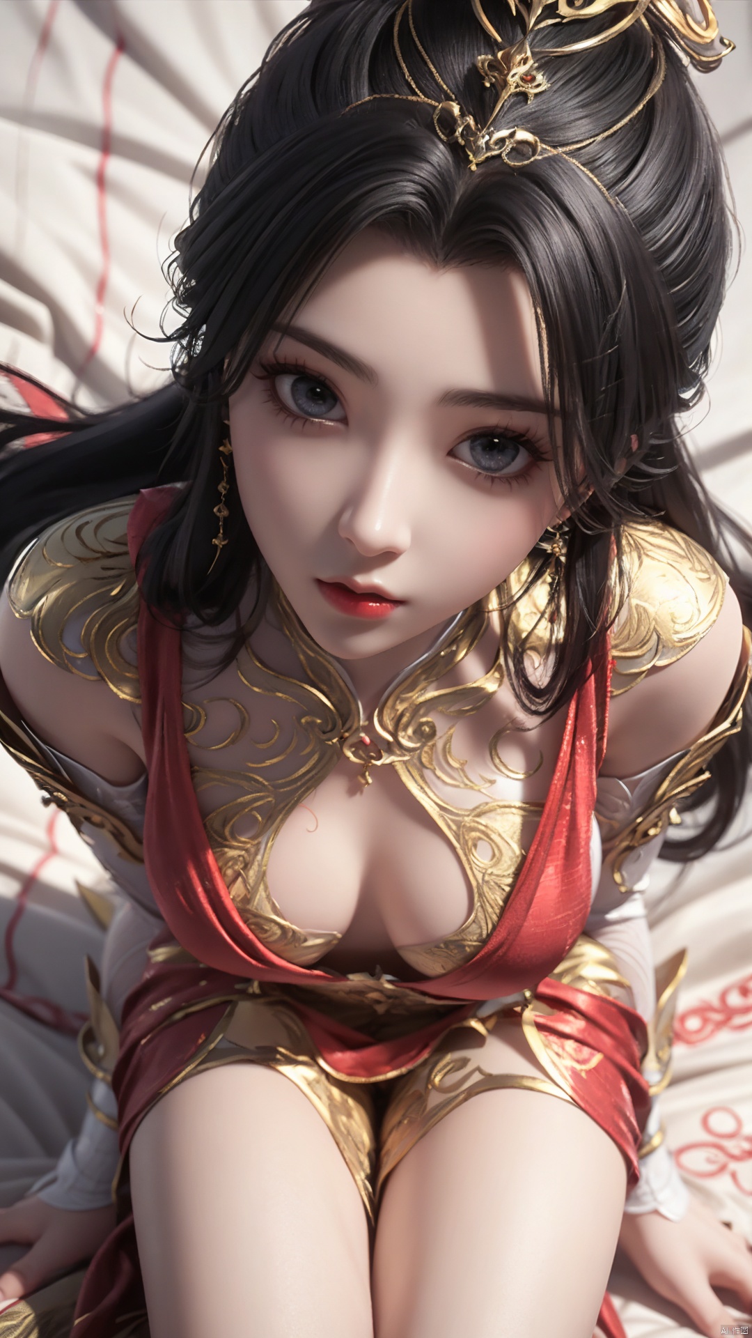  1girl, long hair, dress, looking at viewer, lying, perfect body, scenery, sharp focus, best quality, masterpiece, detailed outfit, illustration, perfect eyes, finely detailed beautiful anime eyes, realistic skin, intricate details, best lighting, depth of field, ultra high resolution, bed, from above