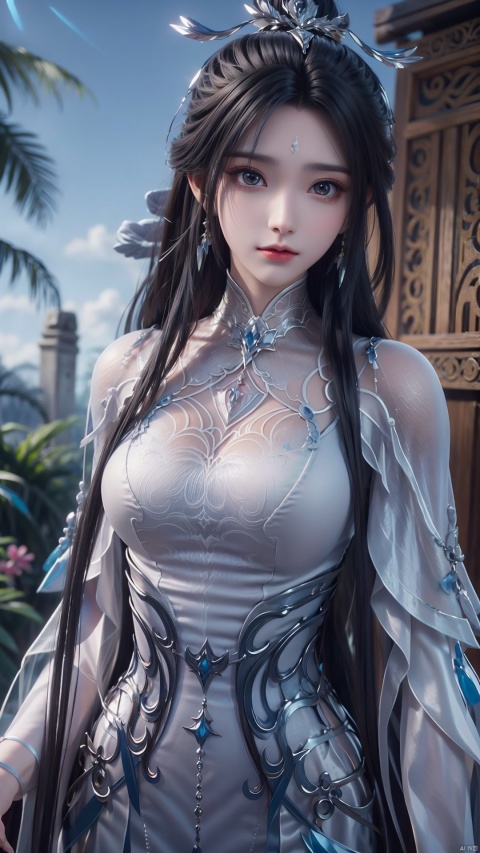 1girl, black hair, long hair, dress, solo, white dress, hair ornament, chinese clothes, facial mark, hair bun, forehead mark, earrings, mischevious smile, perfect body, scenery, sharp focus, best quality, masterpiece, detailed outfit, illustration, perfect eyes, finely detailed beautiful anime eyes, realistic skin, intricate details, best lighting, depth of field, ultra high resolution,cowboy_shot, dynamic pose, dynamic angle,