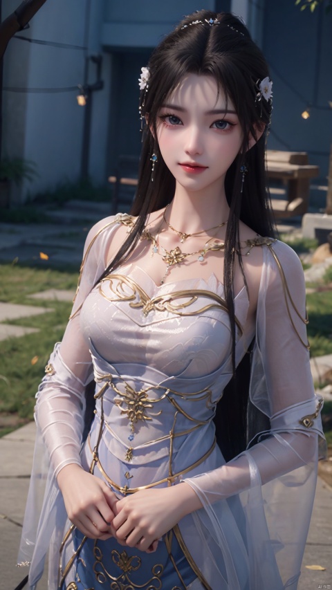  1girl, mischevious smile, perfect body, scenery, sharp focus, best quality, masterpiece, detailed outfit, illustration, perfect eyes, finely detailed beautiful anime eyes, realistic skin, intricate details, best lighting, depth of field, ultra high resolution,cowboy_shot, dynamic pose, dynamic angle,