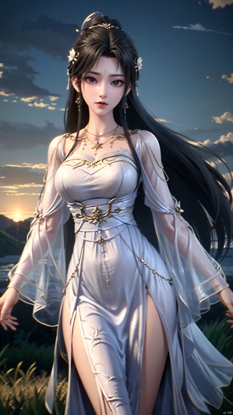 masterpiece,best quality,1girl, dress, black hair, long hair, solo, facial mark, white dress, jewelry, forehead mark, hair ornament, earrings, necklace, chinese clothes, hair bun, cowboy shot, dynamic pose, dynamic angle
