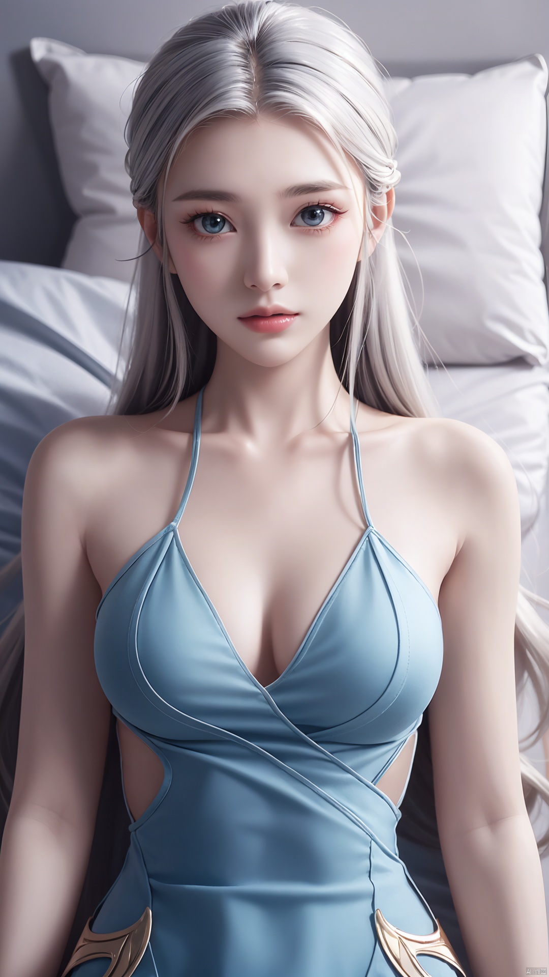  1girl, long hair, white hair, dress, looking at viewer, lying, perfect body, scenery, sharp focus, best quality, masterpiece, detailed outfit, illustration, perfect eyes, finely detailed beautiful anime eyes, realistic skin, intricate details, best lighting, depth of field, ultra high resolution, bed, from above