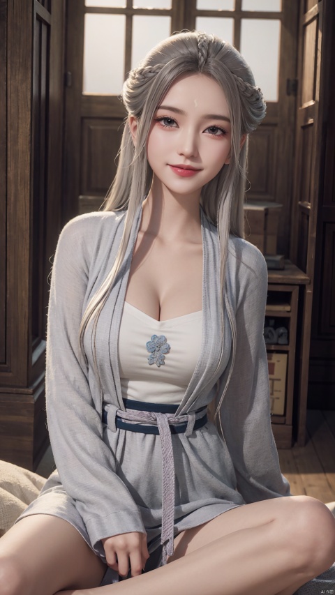 1girl, solo, long hair, white hair, chinese clothes, hanfu, facial mark, forehead mark, grey eyes, long sleeves, braid, realistic, mischevious smile, perfect body, scenery, sharp focus, best quality, masterpiece, detailed outfit, illustration, perfect eyes, finely detailed beautiful anime eyes, realistic skin, intricate details, best lighting, depth of field, ultra high resolution, sitting, dynamic pose, dynamic angle,