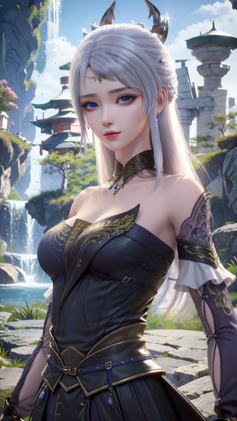 1girl, solo, blue eyes, white hair, black dress, jewelry, bare shoulders, detached sleeves, long hair, earrings, strapless dress, mischevious smile, perfect body, scenery, sharp focus, best quality, masterpiece, detailed outfit, illustration, perfect eyes, finely detailed beautiful anime eyes, realistic skin, intricate details, best lighting, depth of field, ultra high resolution,cowboy_shot, dynamic pose, dynamic angle,