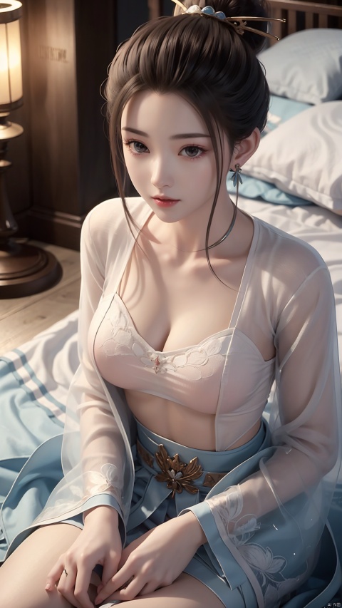  1girl, solo, hanfu, chinese clothes, earrings, jewelry, realistic, hair ornament, black hair, brown eyes, long sleeves, single hair bun, facial mark, looking at viewer, lying, perfect body, scenery, sharp focus, best quality, masterpiece, detailed outfit, illustration, perfect eyes, finely detailed beautiful anime eyes, realistic skin, intricate details, best lighting, depth of field, ultra high resolution, bed, from above