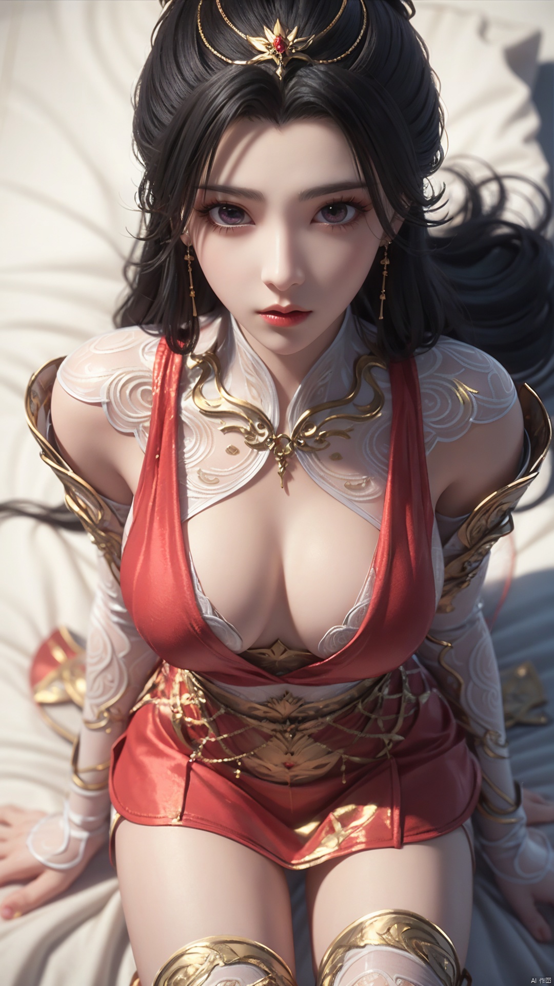  1girl, frown, close eyes, lip apart, long hair, thighhighs, lying, perfect body, scenery, sharp focus, best quality, masterpiece, detailed outfit, illustration, perfect eyes, finely detailed beautiful anime eyes, realistic skin, intricate details, best lighting, depth of field, ultra high resolution, bed, from above