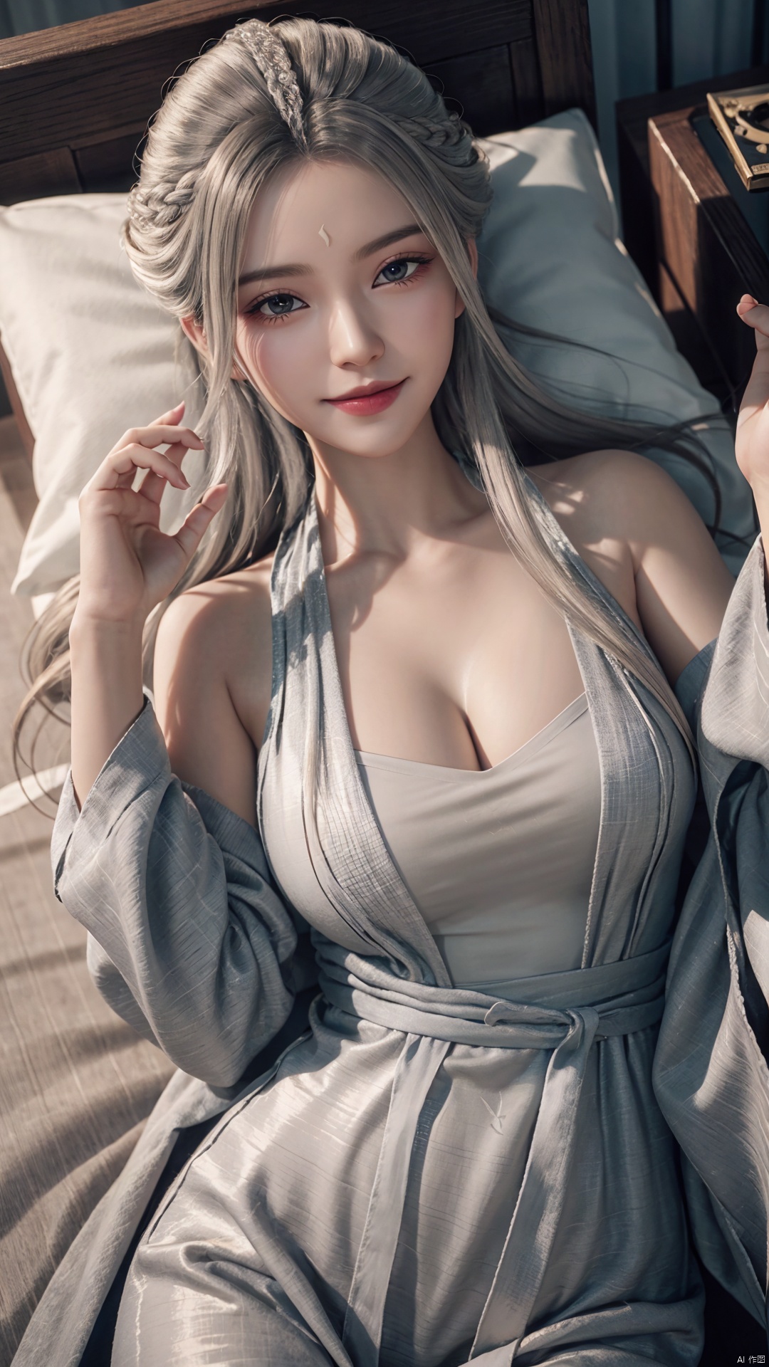 1girl, solo, long hair, white hair, chinese clothes, hanfu, facial mark, forehead mark, grey eyes, long sleeves, braid, realistic, mischevious smile, looking at viewer, lying, perfect body, scenery, sharp focus, best quality, masterpiece, detailed outfit, illustration, perfect eyes, finely detailed beautiful anime eyes, realistic skin, intricate details, best lighting, depth of field, ultra high resolution, bed, from above