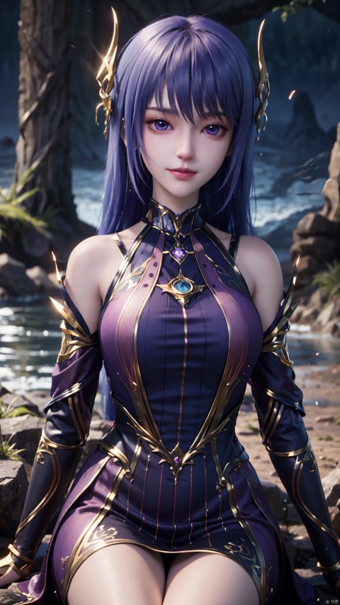 1girl, solo, long hair, blue hair, dress, purple eyes, realistic, mischevious smile, perfect body, scenery, sharp focus, best quality, masterpiece, detailed outfit, illustration, perfect eyes, finely detailed beautiful anime eyes, realistic skin, intricate details, best lighting, depth of field, ultra high resolution, sitting, dynamic pose, dynamic angle,