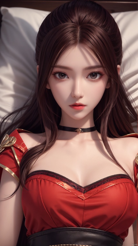  1girl, long hair, dress, looking at viewer, lying, perfect body, scenery, sharp focus, best quality, masterpiece, detailed outfit, illustration, perfect eyes, finely detailed beautiful anime eyes, realistic skin, intricate details, best lighting, depth of field, ultra high resolution, bed, from above