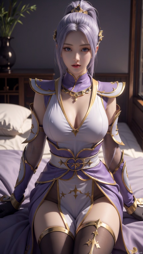  1girl, light purple hair, black thighhighs, ponytail, gloves, blue eyes, long hair, breasts, armor, hair ornament, black gloves, looking at viewer, lying, perfect body, scenery, sharp focus, best quality, masterpiece, detailed outfit, illustration, perfect eyes, finely detailed beautiful anime eyes, realistic skin, intricate details, best lighting, depth of field, ultra high resolution, bed, from above