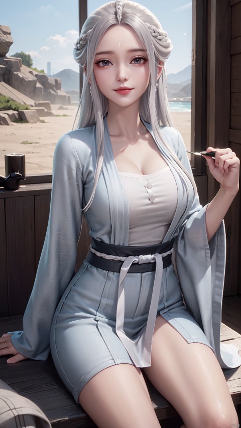 1girl, solo, long hair, white hair, chinese clothes, hanfu, facial mark, forehead mark, grey eyes, long sleeves, braid, realistic, mischevious smile, perfect body, scenery, sharp focus, best quality, masterpiece, detailed outfit, illustration, perfect eyes, finely detailed beautiful anime eyes, realistic skin, intricate details, best lighting, depth of field, ultra high resolution, sitting, dynamic pose, dynamic angle,