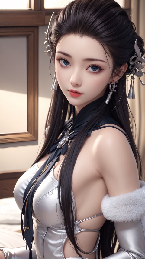  1girl, long hair, dress, looking at viewer, lying, perfect body, scenery, sharp focus, best quality, masterpiece, detailed outfit, illustration, perfect eyes, finely detailed beautiful anime eyes, realistic skin, intricate details, best lighting, depth of field, ultra high resolution, bed, from above