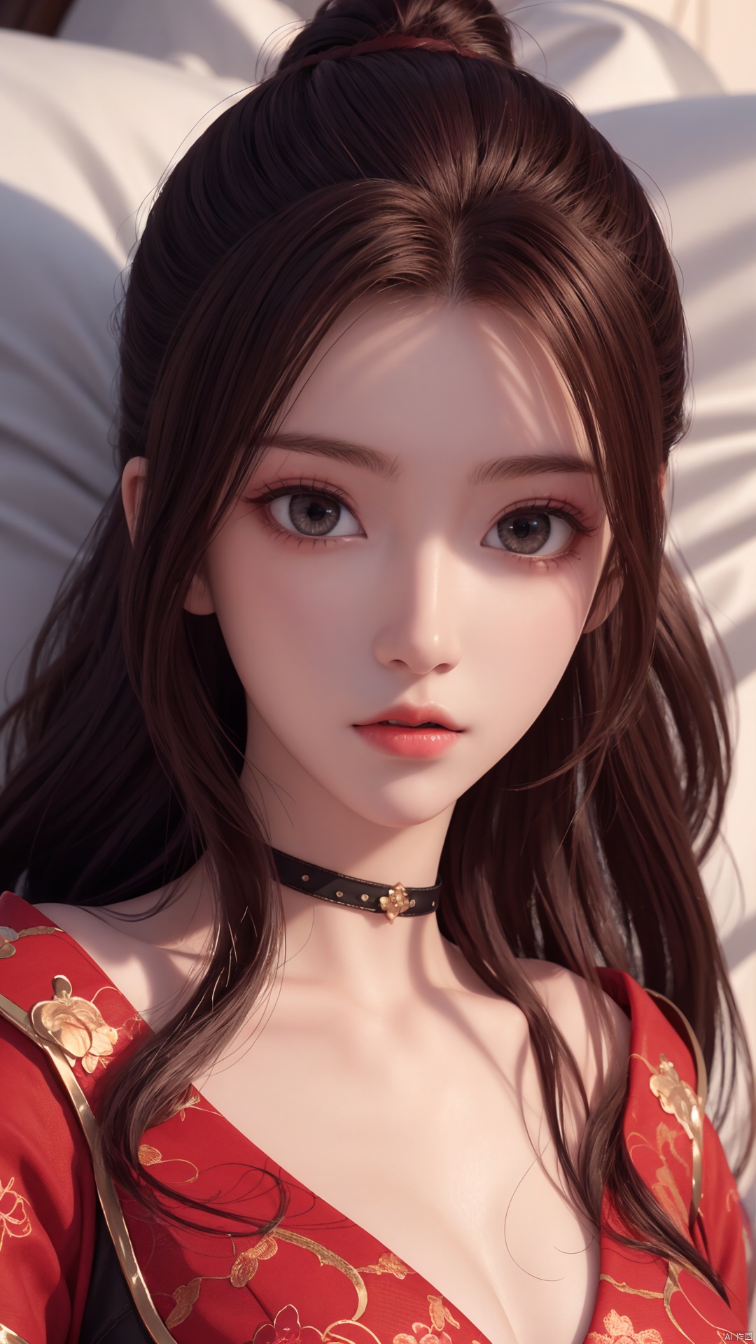  1girl, long hair, dress, looking at viewer, lying, perfect body, scenery, sharp focus, best quality, masterpiece, detailed outfit, illustration, perfect eyes, finely detailed beautiful anime eyes, realistic skin, intricate details, best lighting, depth of field, ultra high resolution, bed, from above