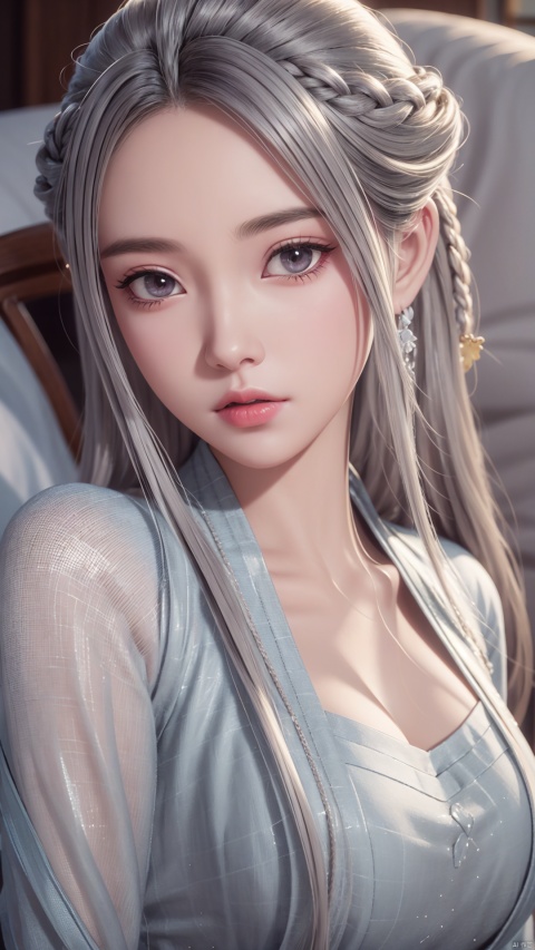  1girl, long hair, white hair, dress, looking at viewer, lying, perfect body, scenery, sharp focus, best quality, masterpiece, detailed outfit, illustration, perfect eyes, finely detailed beautiful anime eyes, realistic skin, intricate details, best lighting, depth of field, ultra high resolution, bed, from above