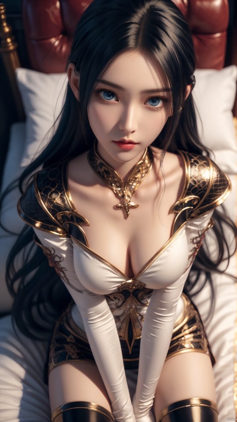  1girl, long hair, thighhighs, lying, perfect body, scenery, sharp focus, best quality, masterpiece, detailed outfit, illustration, perfect eyes, finely detailed beautiful anime eyes, realistic skin, intricate details, best lighting, depth of field, ultra high resolution, bed, from above