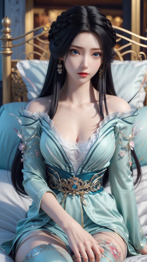  1girl, bare shoulders, long hair, thighhighs, lying, perfect body, scenery, sharp focus, best quality, masterpiece, detailed outfit, illustration, perfect eyes, finely detailed beautiful anime eyes, realistic skin, intricate details, best lighting, depth of field, ultra high resolution, bed, from above