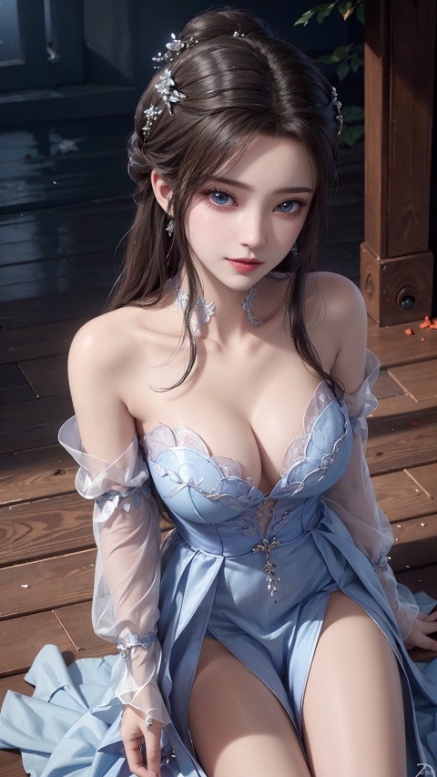  1girl, white_hair, wedding_dress, mischevious smile, perfect body, scenery, sharp focus, best quality, masterpiece, detailed outfit, illustration, perfect eyes, finely detailed beautiful anime eyes, realistic skin, intricate details, best lighting, depth of field, ultra high resolution, kneeling on floot, from_above