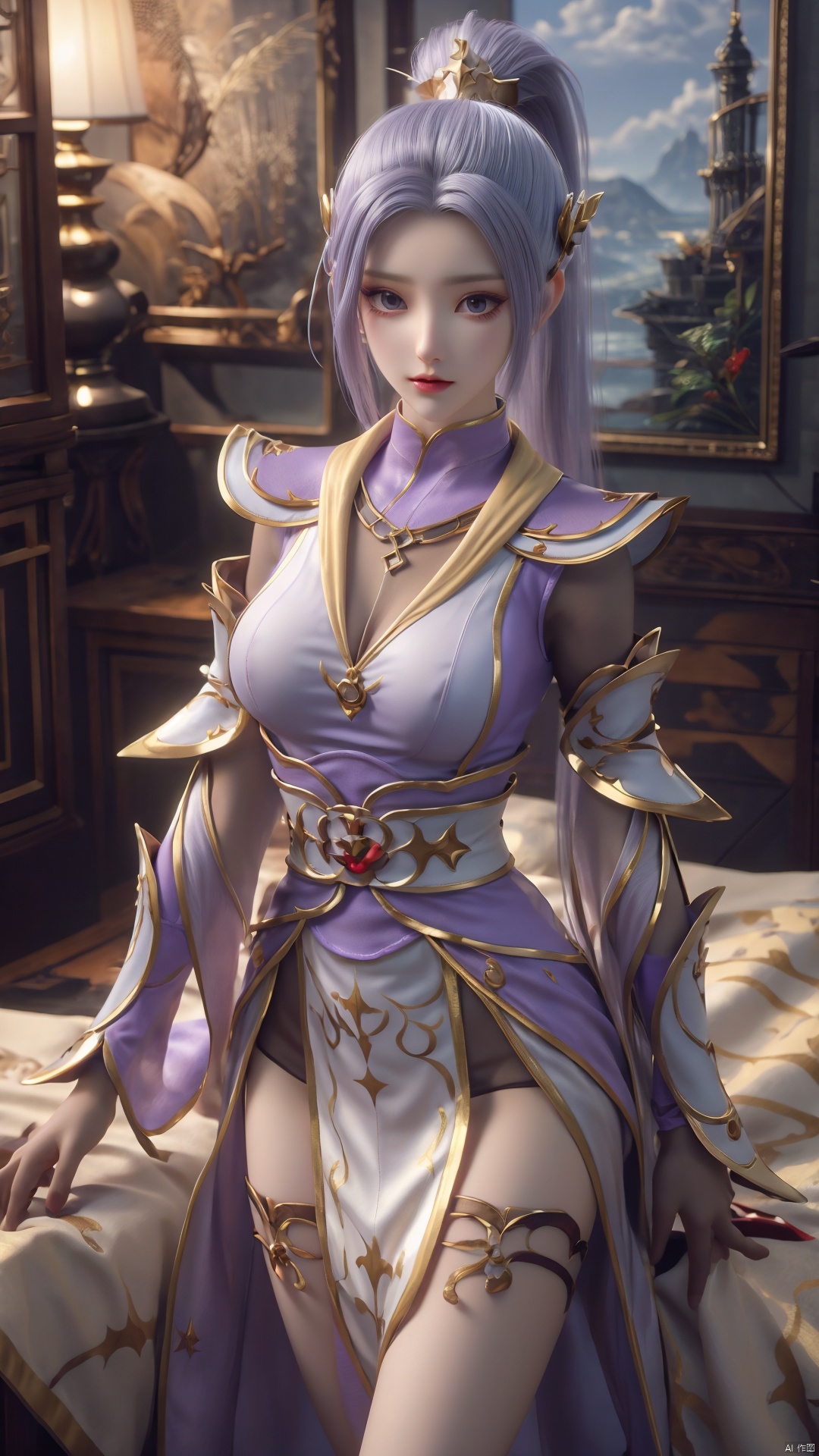  1girl, light purple hair, long hair, pony_tail ,thighhighs, lying, perfect body, scenery, sharp focus, best quality, masterpiece, detailed outfit, illustration, perfect eyes, finely detailed beautiful anime eyes, realistic skin, intricate details, best lighting, depth of field, ultra high resolution, bed, from above