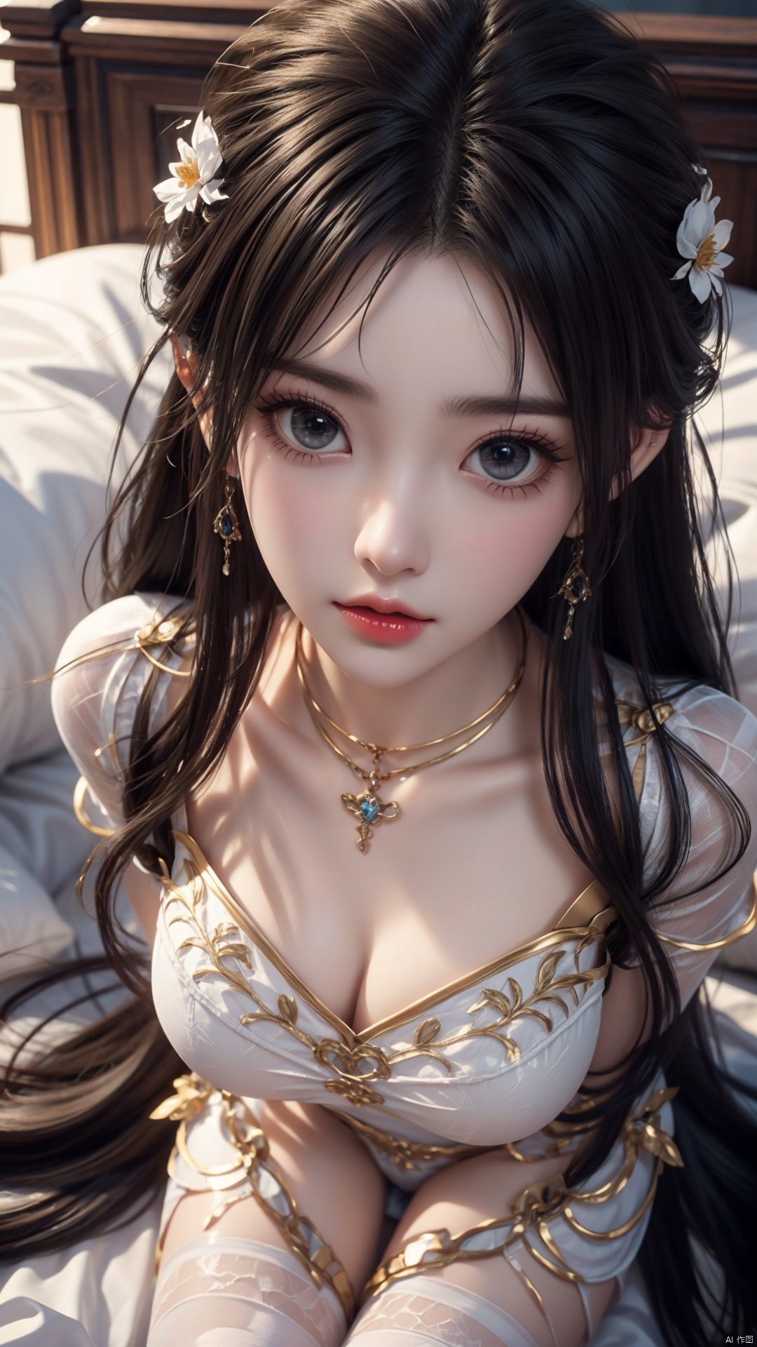  1girl, long hair, thighhighs, lying, perfect body, scenery, sharp focus, best quality, masterpiece, detailed outfit, illustration, perfect eyes, finely detailed beautiful anime eyes, realistic skin, intricate details, best lighting, depth of field, ultra high resolution, bed, from above 
