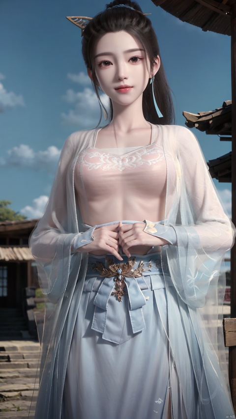 1girl, solo, hanfu, chinese clothes, earrings, jewelry, realistic, hair ornament, black hair, brown eyes, long sleeves, single hair bun, facial mark, mischevious smile, perfect body, scenery, sharp focus, best quality, masterpiece, detailed outfit, illustration, perfect eyes, finely detailed beautiful anime eyes, realistic skin, intricate details, best lighting, depth of field, ultra high resolution,cowboy_shot, dynamic pose, dynamic angle,