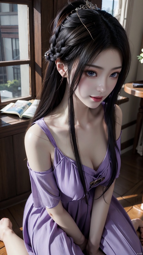  1girl, purple eyes, wedding_dress, mischevious smile, perfect body, scenery, sharp focus, best quality, masterpiece, detailed outfit, illustration, perfect eyes, finely detailed beautiful anime eyes, realistic skin, intricate details, best lighting, depth of field, ultra high resolution, kneeling on floot, from_above