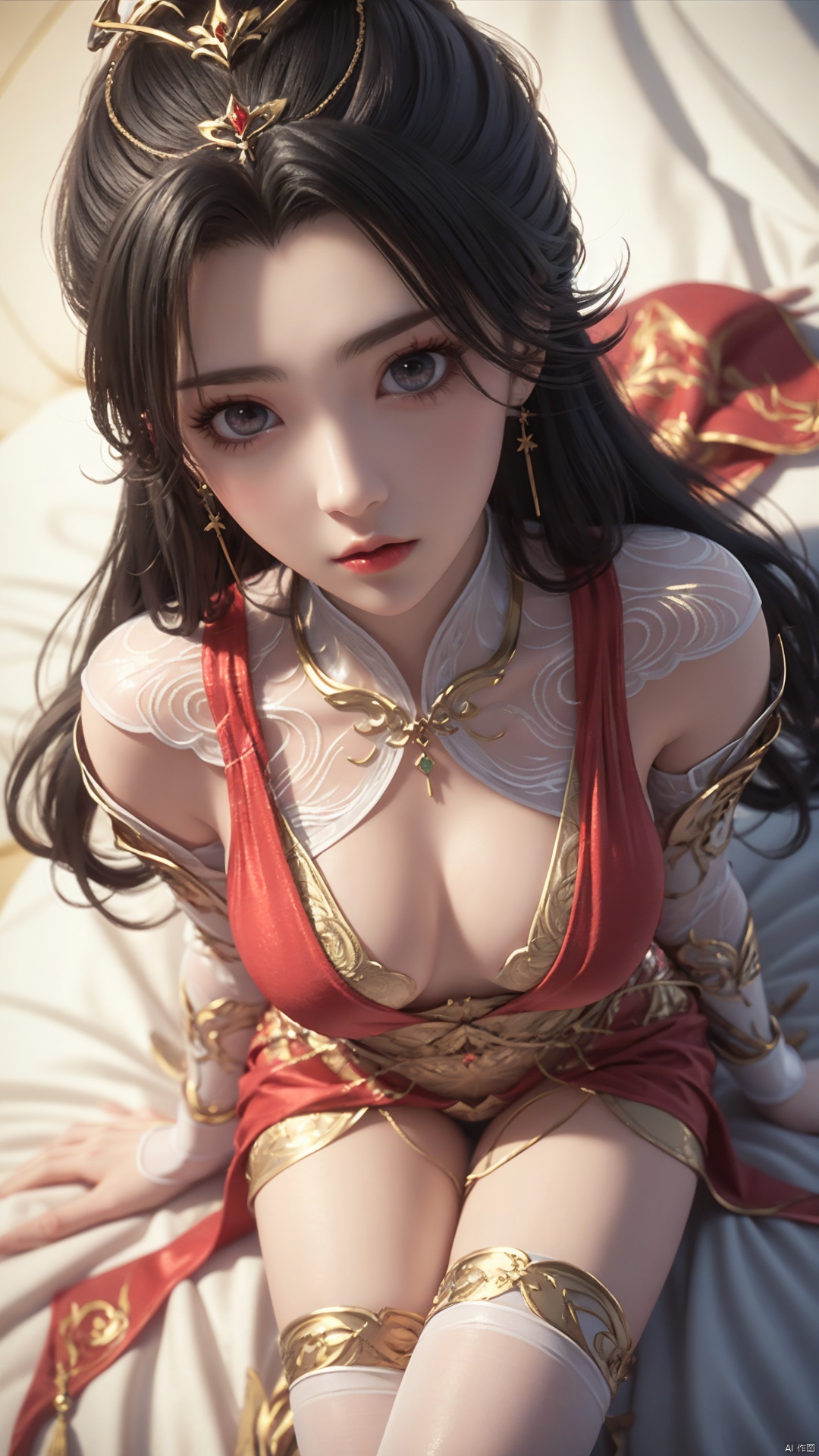  1girl, frown, close eyes, lip apart, long hair, thighhighs, lying, perfect body, scenery, sharp focus, best quality, masterpiece, detailed outfit, illustration, perfect eyes, finely detailed beautiful anime eyes, realistic skin, intricate details, best lighting, depth of field, ultra high resolution, bed, from above