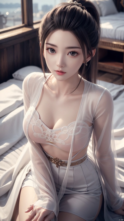  1girl, long hair, dress, looking at viewer, lying, perfect body, scenery, sharp focus, best quality, masterpiece, detailed outfit, illustration, perfect eyes, finely detailed beautiful anime eyes, realistic skin, intricate details, best lighting, depth of field, ultra high resolution, bed, from above