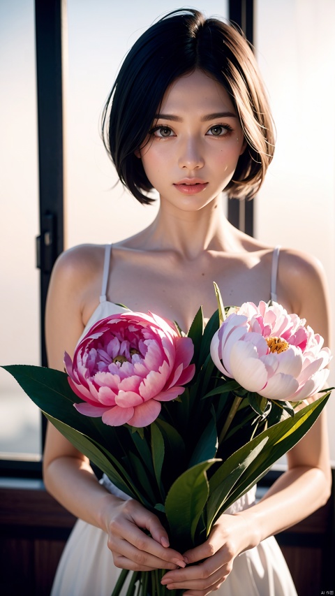  （（（fully body photo））））, （（Single Eyelids）））,（（Sunset backlight）））,（lens flare glow））,（Wear Republican clothing））,（Super Soft Focus））））））, ssmile, （Configuration file））））, （Upp））, at twilight, Showers, Colorful peony flowers on background, Surrounded by peony flowers, Take peony flowers, for example, For example（（pastel sunset））, （yinchuan：1.5）, tmasterpiece, best qualtiy, RAW photogr, Photorealsitic, the face, beuaty girl,Holding a bouquet of peony flowers cute, short detailed hair, （（（（depth of fields））））, A high resolution, Hyper-detailing, finedetail, Very detailed, cinmatic lighting