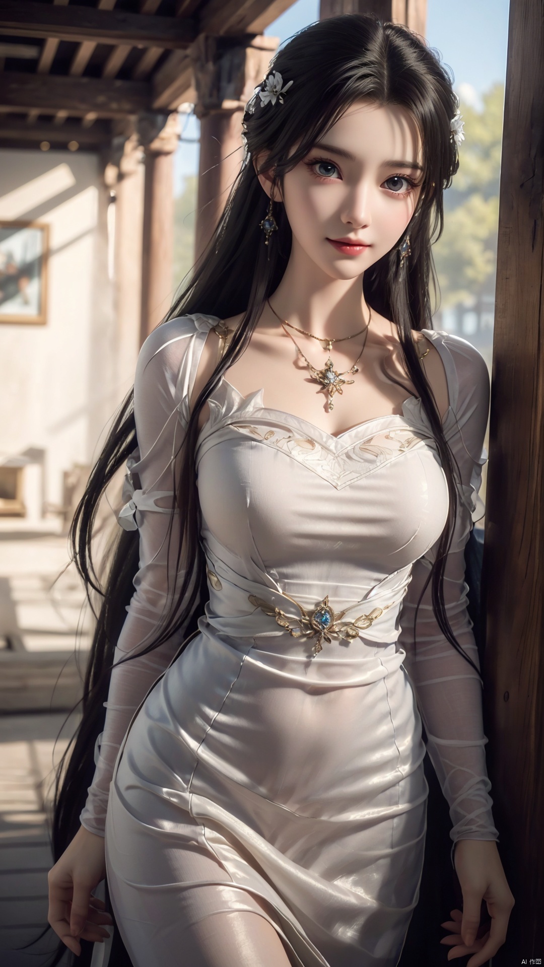  1girl, wedding_dress, mischevious smile, perfect body, scenery, sharp focus, best quality, masterpiece, detailed outfit, illustration, perfect eyes, finely detailed beautiful anime eyes, realistic skin, intricate details, best lighting, depth of field, ultra high resolution,cowboy_shot, dynamic pose, dynamic angle,