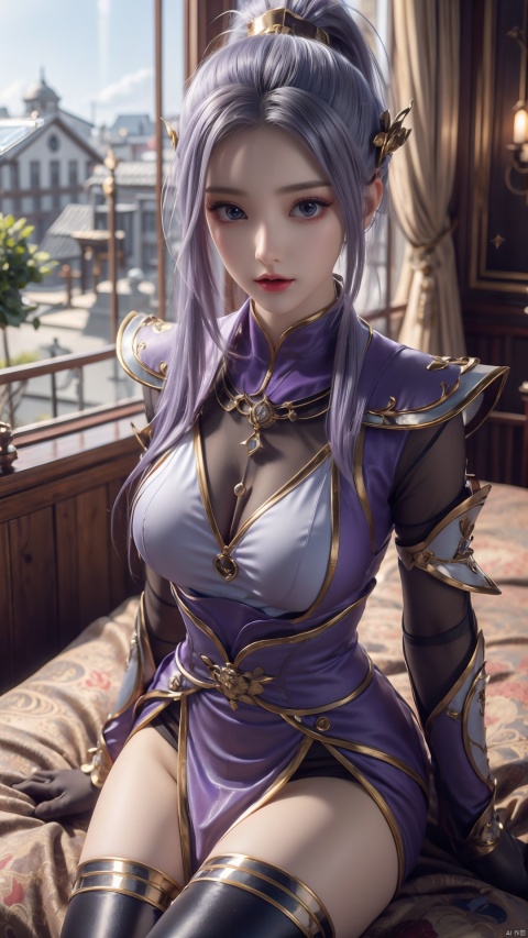  1girl, light purple hair, black thighhighs, ponytail, gloves, blue eyes, long hair, breasts, armor, hair ornament, black gloves, looking at viewer, lying, perfect body, scenery, sharp focus, best quality, masterpiece, detailed outfit, illustration, perfect eyes, finely detailed beautiful anime eyes, realistic skin, intricate details, best lighting, depth of field, ultra high resolution, bed, from above