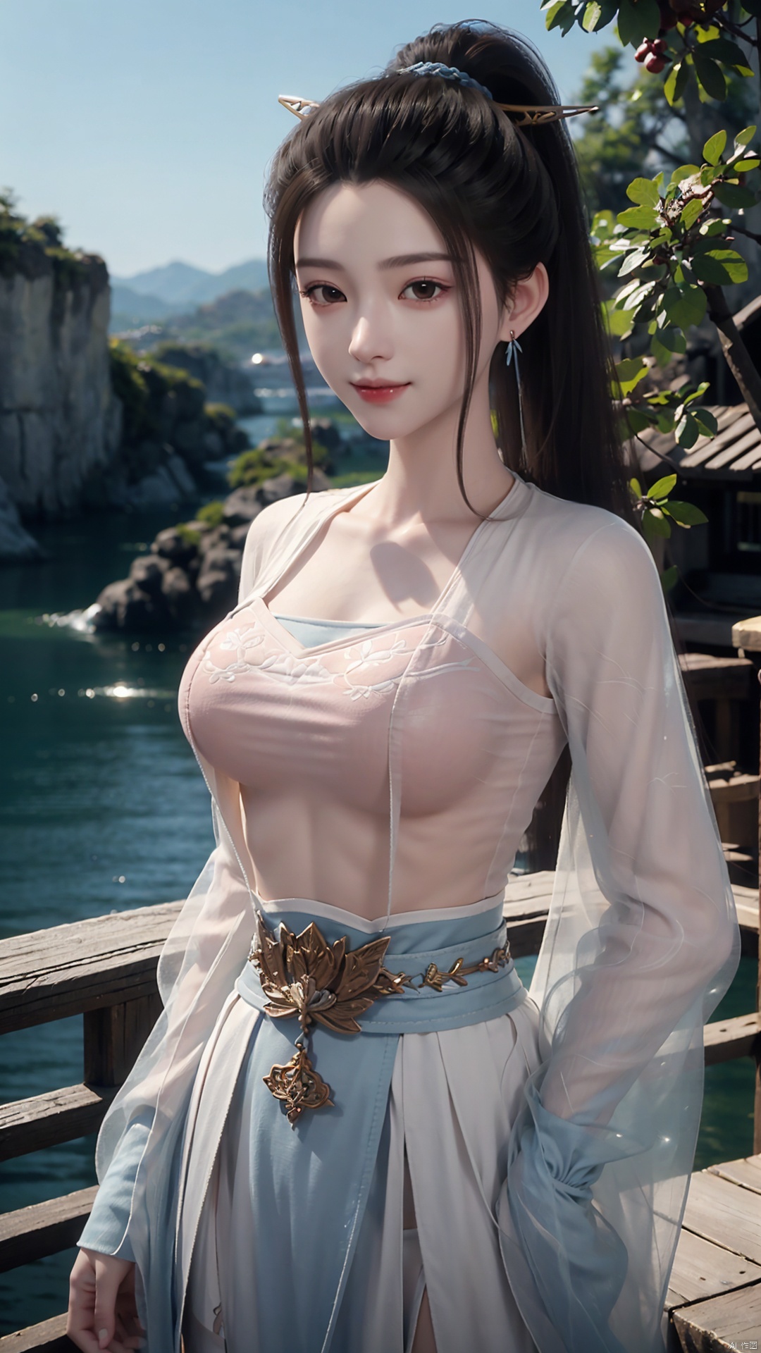 1girl, solo, hanfu, chinese clothes, earrings, jewelry, realistic, hair ornament, black hair, brown eyes, long sleeves, single hair bun, facial mark, mischevious smile, perfect body, scenery, sharp focus, best quality, masterpiece, detailed outfit, illustration, perfect eyes, finely detailed beautiful anime eyes, realistic skin, intricate details, best lighting, depth of field, ultra high resolution,cowboy_shot, dynamic pose, dynamic angle,