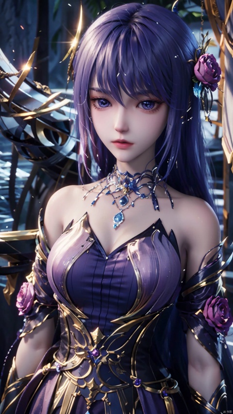 1girl, blue hair, solo, hair ornament, blue eyes, bare shoulders, jewelry, long hair, necklace, strapless skirt, flower, hair flower, perfect body, scenery, sharp focus, best quality, masterpiece, detailed outfit, illustration, perfect eyes, finely detailed beautiful anime eyes, realistic skin, intricate details, best lighting, depth of field, ultra high resolution,cowboy_shot, dynamic pose, dynamic angle,