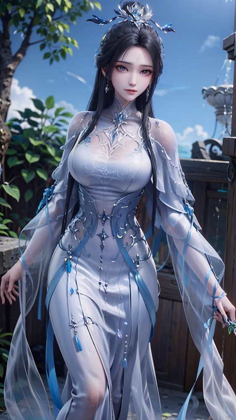 1girl, black hair, long hair, dress, solo, white dress, hair ornament, chinese clothes, facial mark, hair bun, forehead mark, earrings, mischevious smile, perfect body, scenery, sharp focus, best quality, masterpiece, detailed outfit, illustration, perfect eyes, finely detailed beautiful anime eyes, realistic skin, intricate details, best lighting, depth of field, ultra high resolution,cowboy_shot, dynamic pose, dynamic angle,