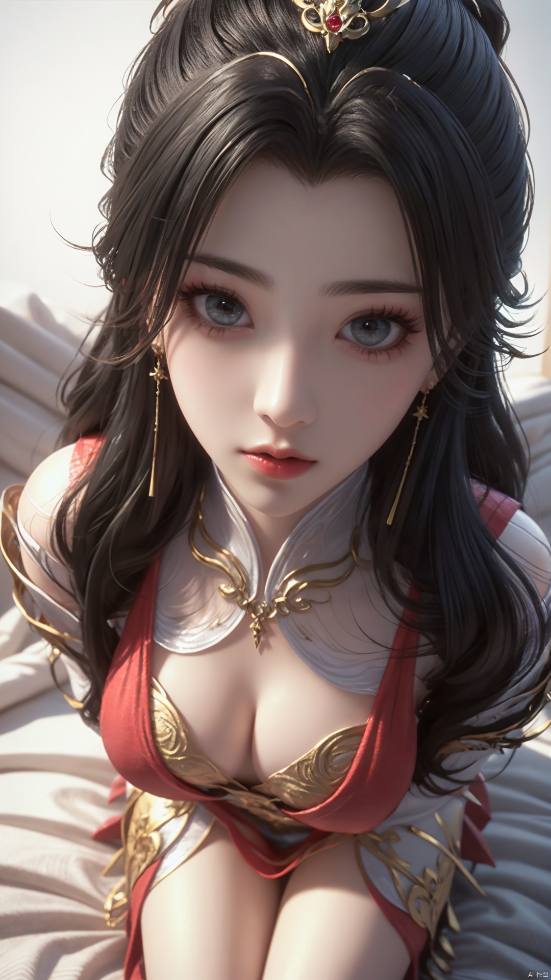  1girl, long hair, dress, looking at viewer, lying, perfect body, scenery, sharp focus, best quality, masterpiece, detailed outfit, illustration, perfect eyes, finely detailed beautiful anime eyes, realistic skin, intricate details, best lighting, depth of field, ultra high resolution, bed, from above