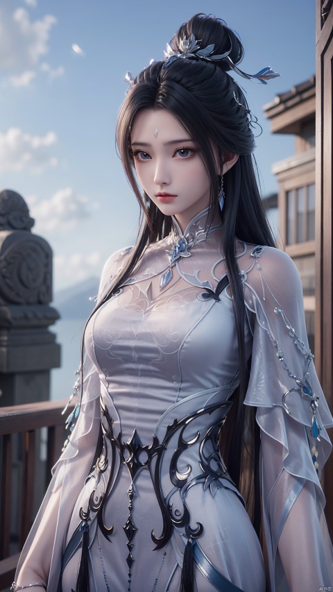  1girl, black hair, long hair, dress, solo, white dress, hair ornament, chinese clothes, facial mark, hair bun, forehead mark, earrings, perfect body, scenery, sharp focus, best quality, masterpiece, detailed outfit, illustration, perfect eyes, finely detailed beautiful anime eyes, realistic skin, intricate details, best lighting, depth of field, ultra high resolution,cowboy_shot, dynamic pose, dynamic angle,