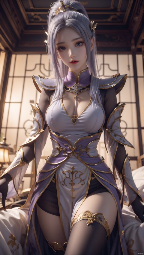  1girl, light purple hair, black thighhighs, ponytail, gloves, blue eyes, long hair, breasts, armor, hair ornament, black gloves, looking at viewer, lying, perfect body, scenery, sharp focus, best quality, masterpiece, detailed outfit, illustration, perfect eyes, finely detailed beautiful anime eyes, realistic skin, intricate details, best lighting, depth of field, ultra high resolution, bed, from above