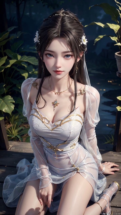  1girl, wedding_dress, mischevious smile, perfect body, scenery, sharp focus, best quality, masterpiece, detailed outfit, illustration, perfect eyes, finely detailed beautiful anime eyes, realistic skin, intricate details, best lighting, depth of field, ultra high resolution, kneeling on floot, from_above