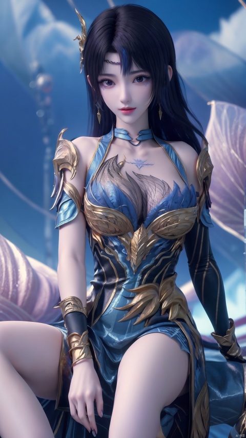  1girl, hair ornament, jewelry, long hair, braid, purple eyes, make_up, tattoo, earrings, blue dress, mischevious smile, perfect body, scenery, sharp focus, best quality, masterpiece, detailed outfit, illustration, perfect eyes, finely detailed beautiful anime eyes, realistic skin, intricate details, best lighting, depth of field, ultra high resolution, sitting on bed, from above, dynamic pose, dynamic angle,