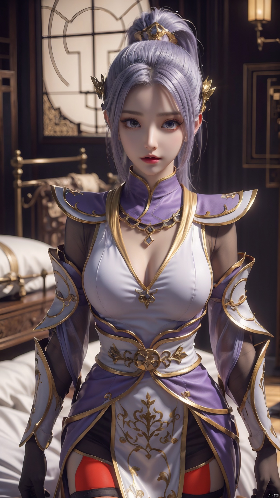  1girl, light purple hair, black thighhighs, ponytail, gloves, blue eyes, long hair, breasts, armor, hair ornament, black gloves, looking at viewer, lying, perfect body, scenery, sharp focus, best quality, masterpiece, detailed outfit, illustration, perfect eyes, finely detailed beautiful anime eyes, realistic skin, intricate details, best lighting, depth of field, ultra high resolution, bed, from above