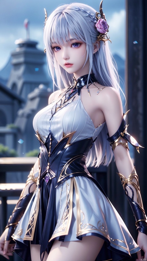 1girl, long hair, solo, purple eyes, (white hair), (white dress), standing, looking at viewer, perfect body, scenery, sharp focus, best quality, masterpiece, detailed outfit, illustration, perfect eyes, finely detailed beautiful anime eyes, realistic skin, intricate details, best lighting, depth of field, ultra high resolution,cowboy_shot, dynamic pose, dynamic angle,