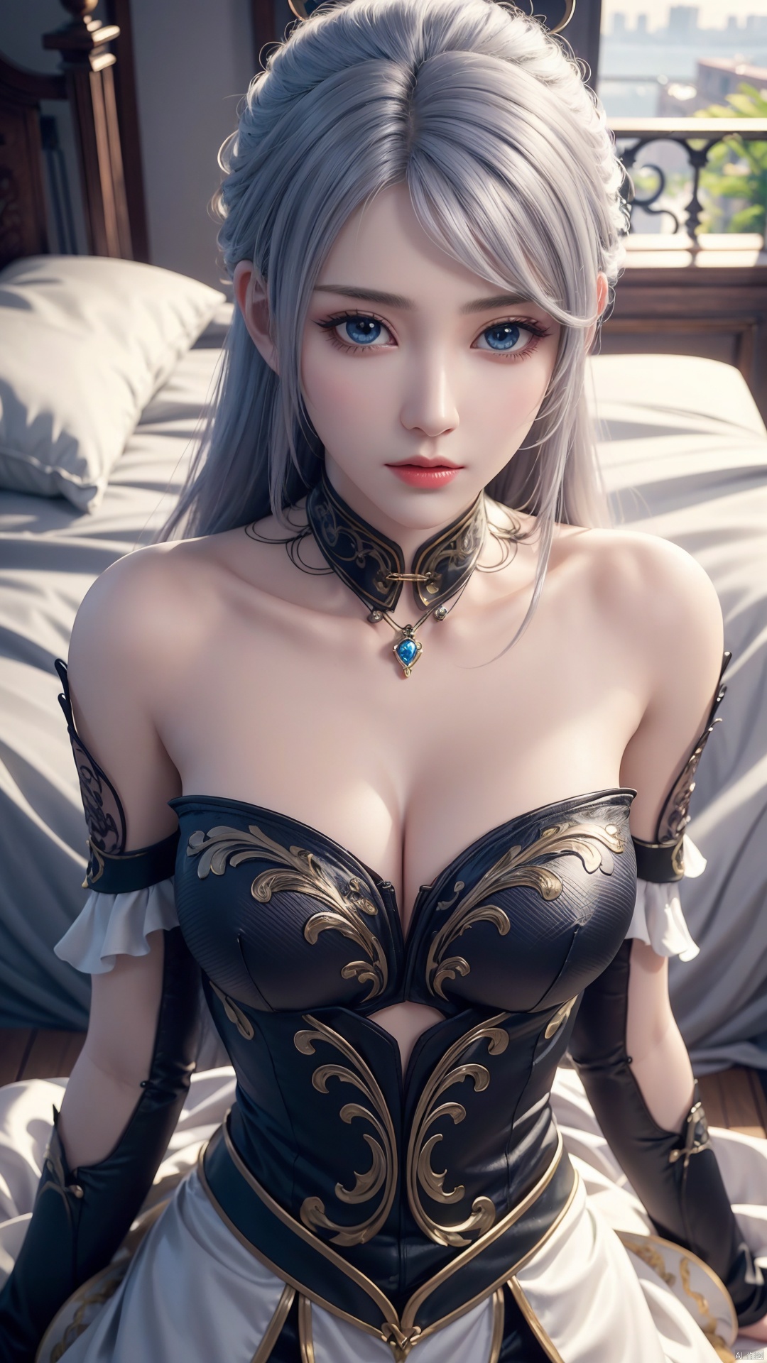  1girl, long hair, white hair, dress, looking at viewer, lying, perfect body, scenery, sharp focus, best quality, masterpiece, detailed outfit, illustration, perfect eyes, finely detailed beautiful anime eyes, realistic skin, intricate details, best lighting, depth of field, ultra high resolution, bed, from above