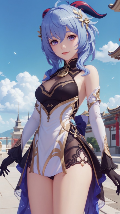  1girl, solo, looking at viewer, blue hair, horns, ahoge,black gloves, chinese clothes, bangs, purple eyes, standing, long hair, detached sleeves, bell, thighlet, dress, bare shoulders, sidelocks, hair between eyes, alternate costume, new, mischevious smile, perfect body, scenery, sharp focus, best quality, masterpiece, detailed outfit, illustration, perfect eyes, finely detailed beautiful anime eyes, realistic skin, intricate details, best lighting, depth of field, ultra high resolution,cowboy_shot, dynamic pose, dynamic angle,